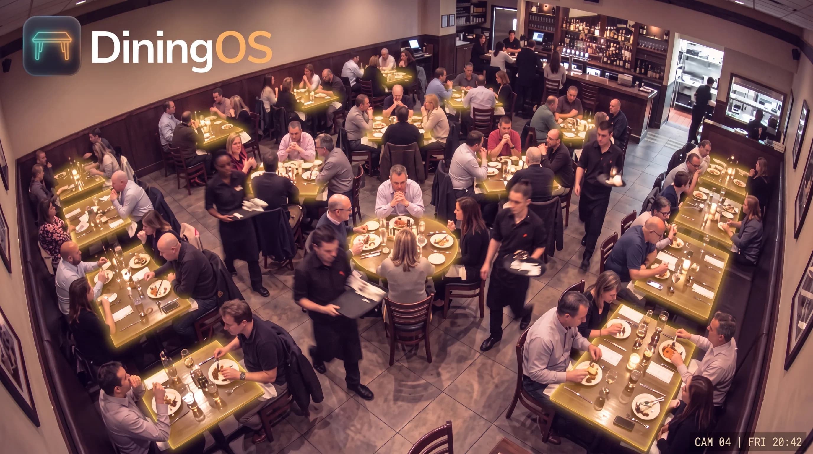 A single overhead security-camera feed labeled CAM 04, showing a full dining room on a Friday night with every occupied table subtly highlighted by DiningOS.