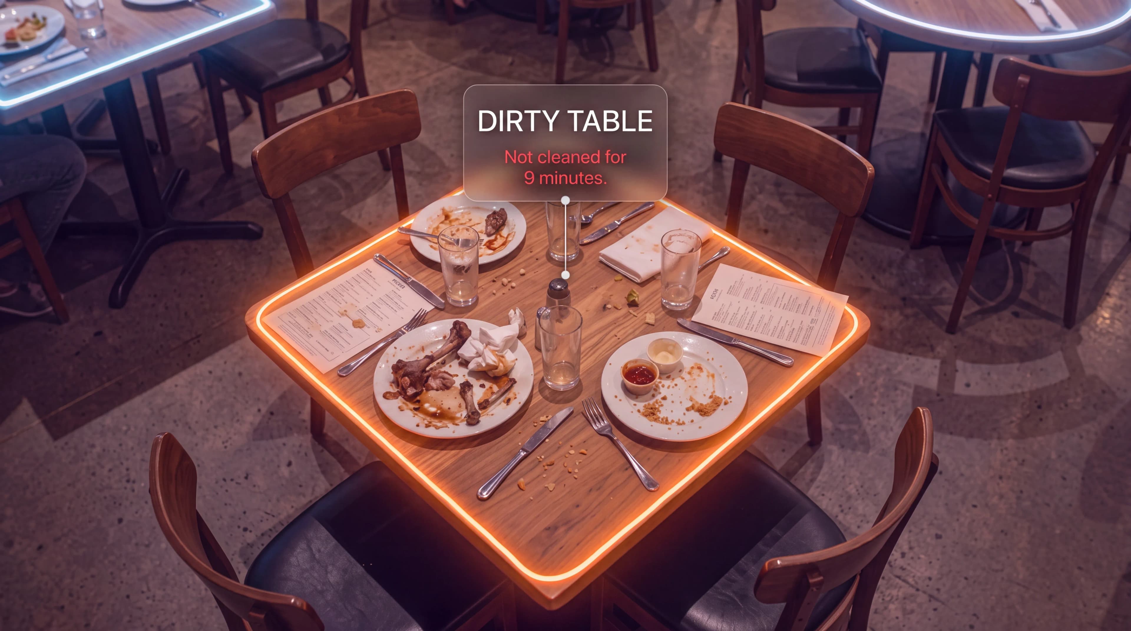 Close-up camera view of a table covered in used plates, cutlery and glasses, tagged by DiningOS with a label reading 'Dirty table — not cleaned for 9 minutes.'