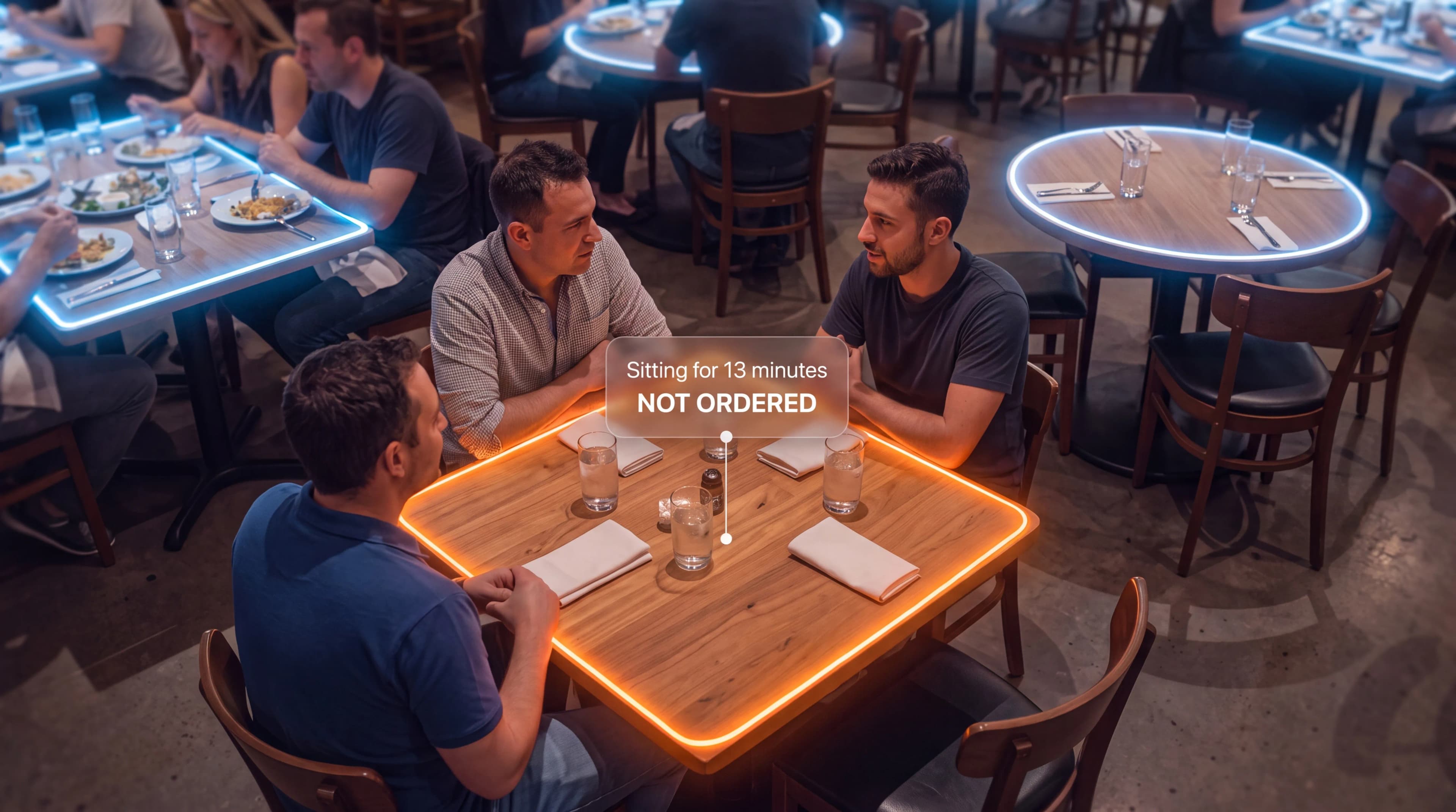 Camera view of three guests seated at a table, tagged by DiningOS with a label reading 'Sitting for 13 minutes — not ordered.'